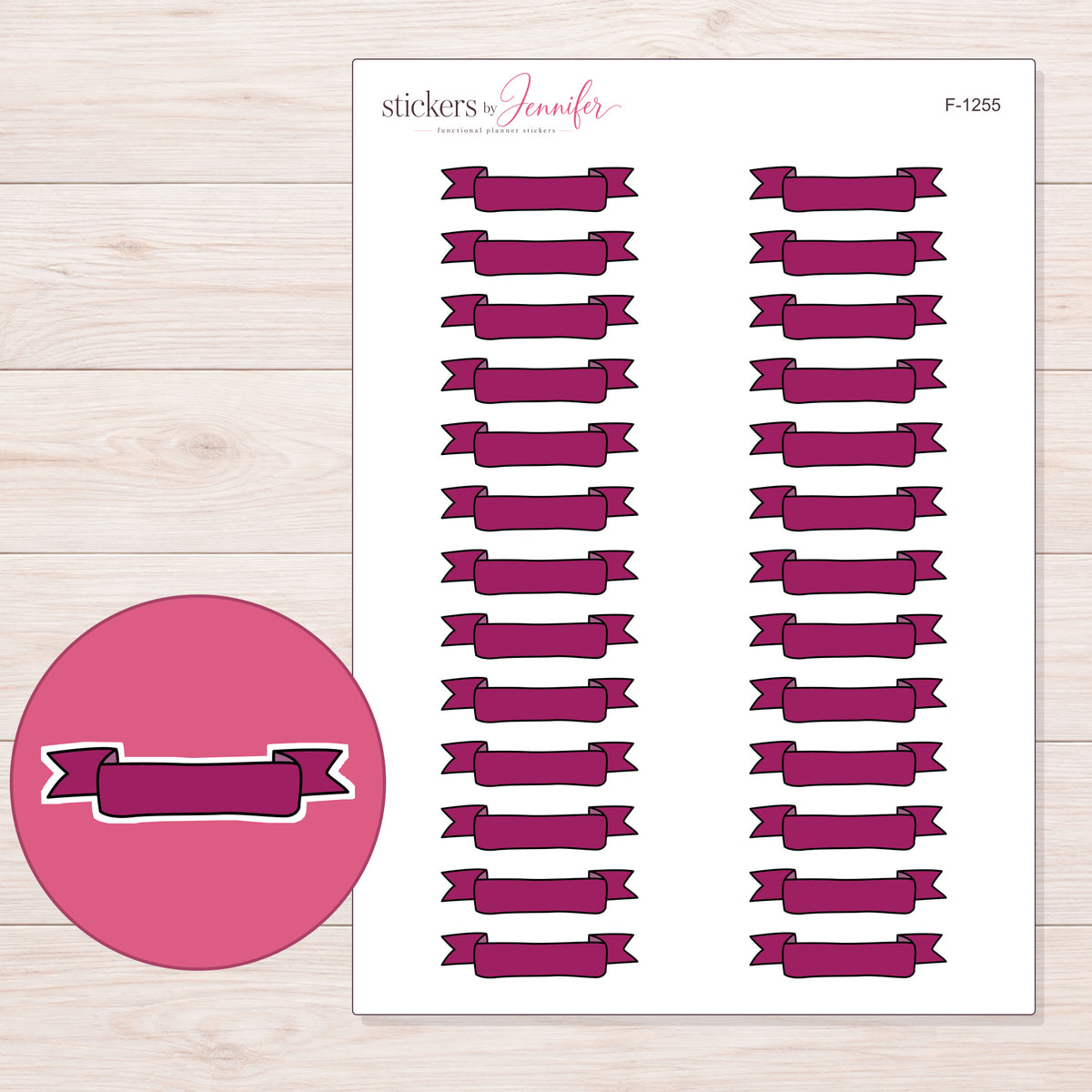 Berry Scroll Banner Label Planner Stickers | F-1255 — 5 × 7 inch sheet and enlarged sticker detail