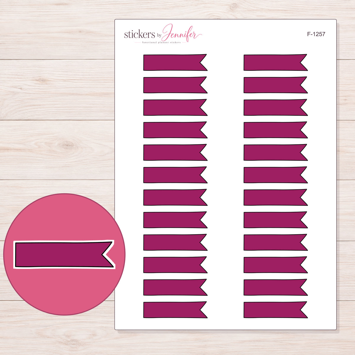 Berry Single-Notch Banner Label Planner Stickers | F-1257 — 5 × 7 inch sheet and enlarged sticker detail