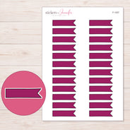 Berry Single-Notch Banner Label Planner Stickers | F-1257 — 5 × 7 inch sheet and enlarged sticker detail