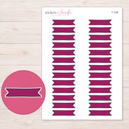 Berry Double-Notch Banner Label Planner Stickers | F-1258 — 5 × 7 inch sheet and enlarged sticker detail