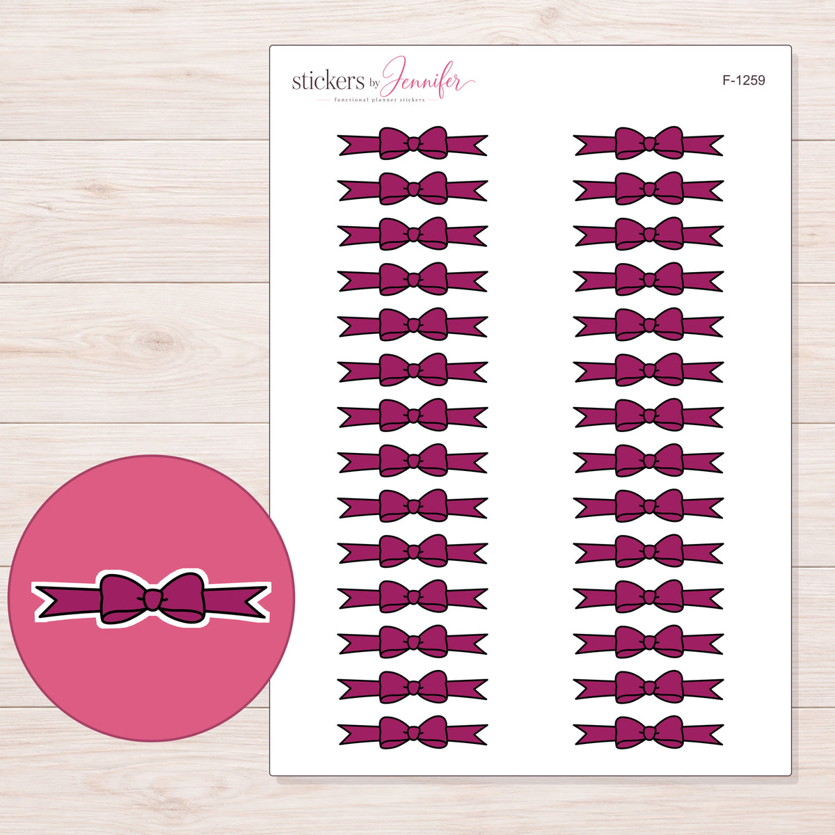 Berry Bow Ribbon Divider Planner Stickers | F-1259 — 5 × 7 inch sheet and enlarged sticker detail