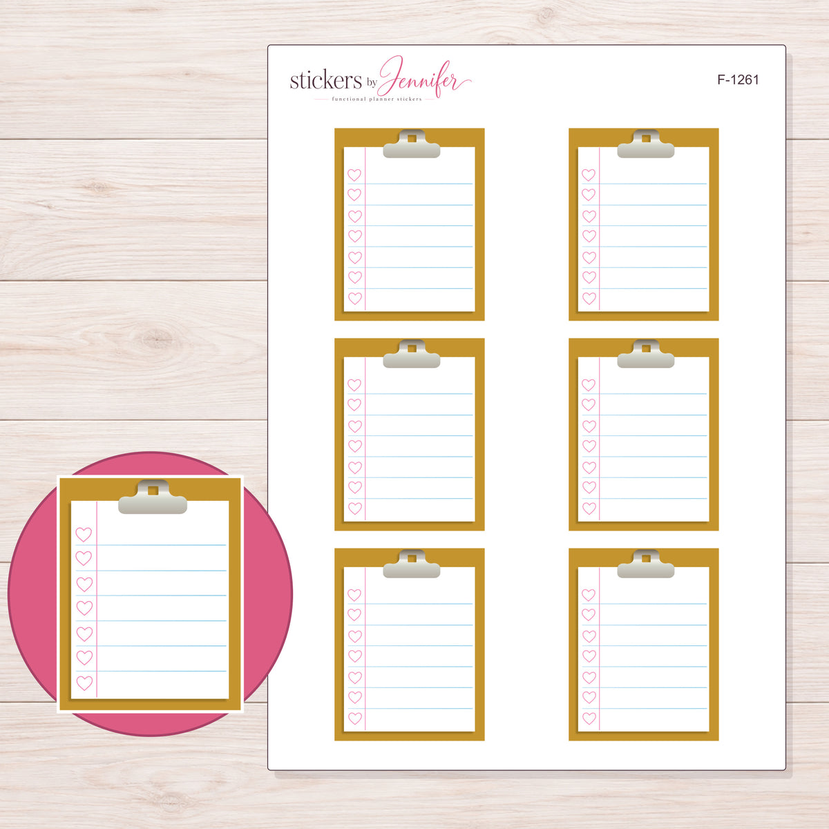 Mustard Yellow Clipboard Checklist Planner Stickers | F-1261 — 5 × 7 inch sheet and enlarged sticker detail