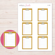 Mustard Yellow Clipboard Checklist Planner Stickers | F-1261 — 5 × 7 inch sheet and enlarged sticker detail