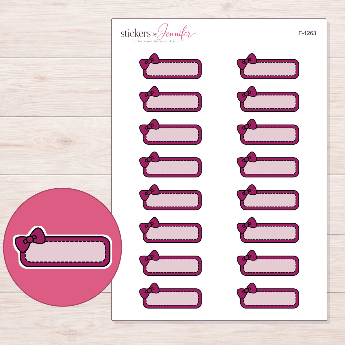 Berry Bow Quarter Box Label Planner Stickers | F-1263 — 5 × 7 inch sheet and enlarged sticker detail