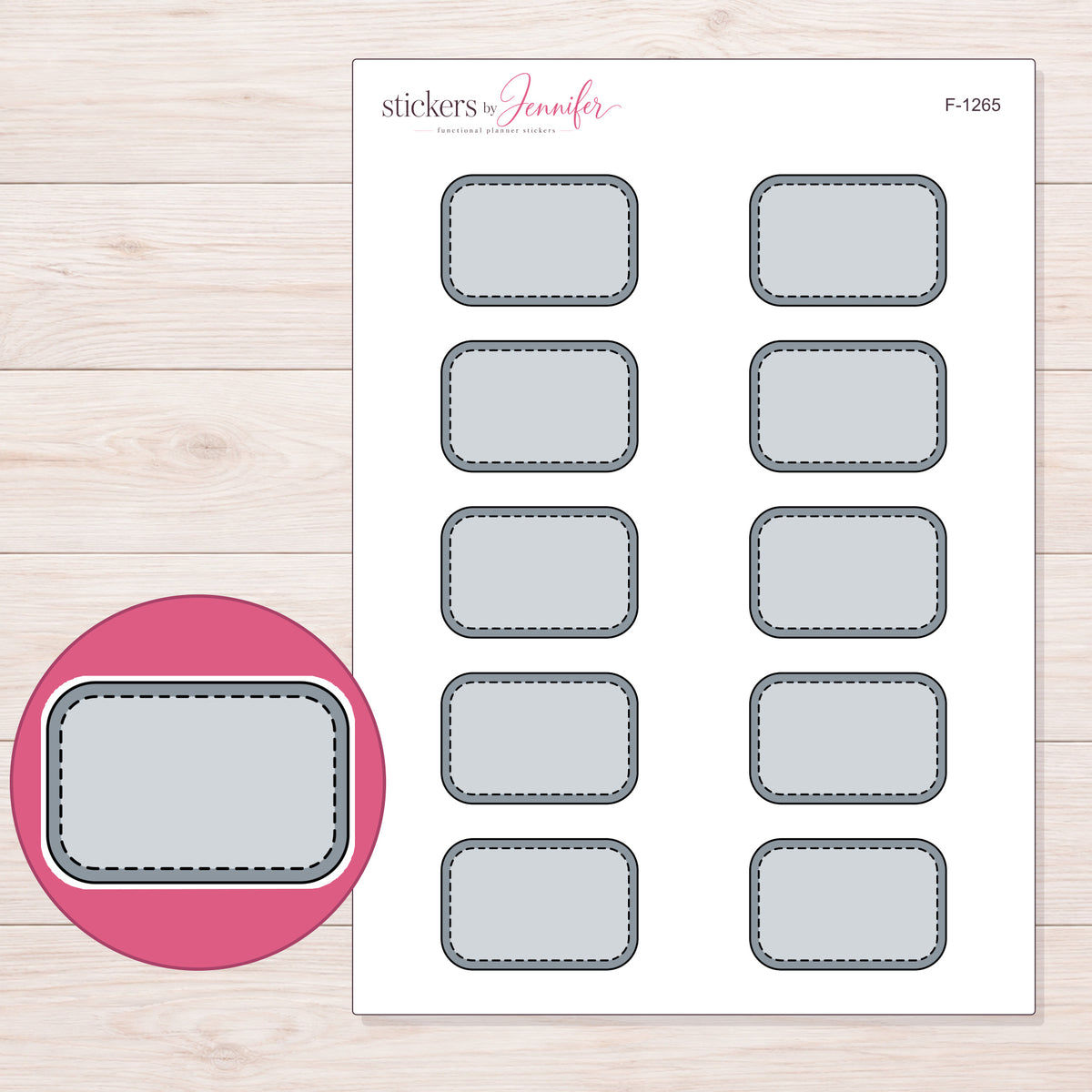 Gray Stitched Half Box Label Planner Stickers | F-1265 — 5 × 7 inch sheet and enlarged sticker detail