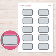 Gray Stitched Half Box Label Planner Stickers | F-1265 — 5 × 7 inch sheet and enlarged sticker detail