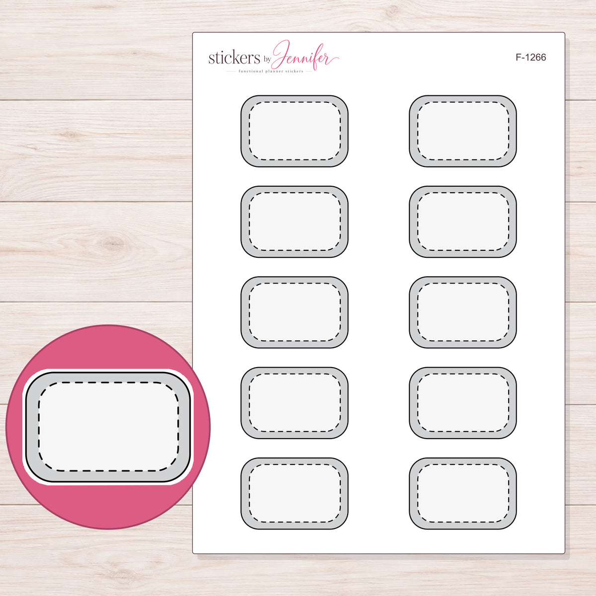 Gray Doodle Stitched Half Box Planner Stickers | F-1266 — 5 × 7 inch sheet and enlarged sticker detail