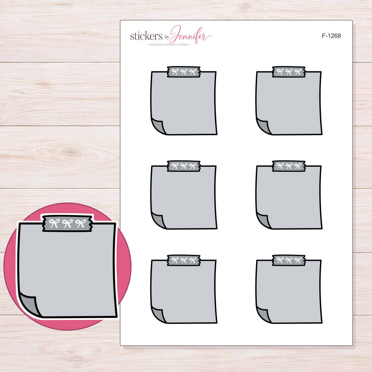 Gray Top-Tape Note Planner Stickers | F-1268 — 5 × 7 inch sheet and enlarged sticker detail