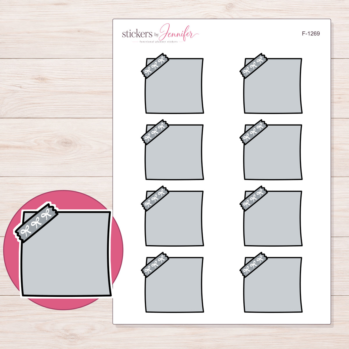 Gray Corner-Tape Note Planner Stickers | F-1269 — 5 × 7 inch sheet and enlarged sticker detail