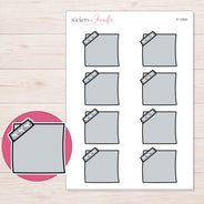 Gray Corner-Tape Note Planner Stickers | F-1269 — 5 × 7 inch sheet and enlarged sticker detail