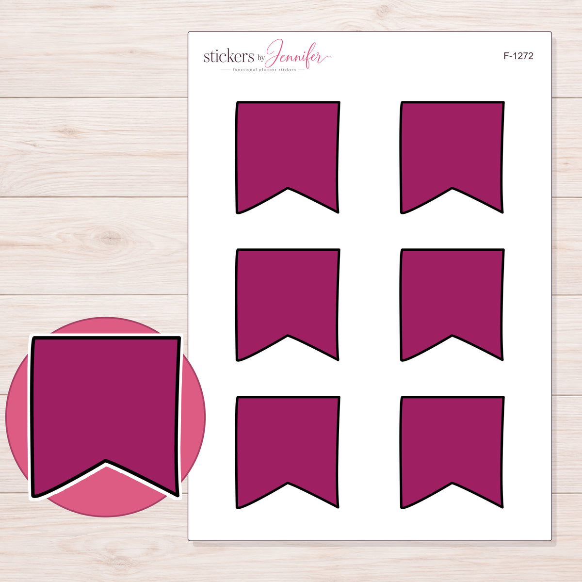 Berry Fishtail Flag Planner Stickers | F-1272 — 5 × 7 inch sheet and enlarged sticker detail