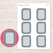 Gray Scalloped Full Box Planner Stickers | F-1273 — 5 × 7 inch sheet and enlarged sticker detail