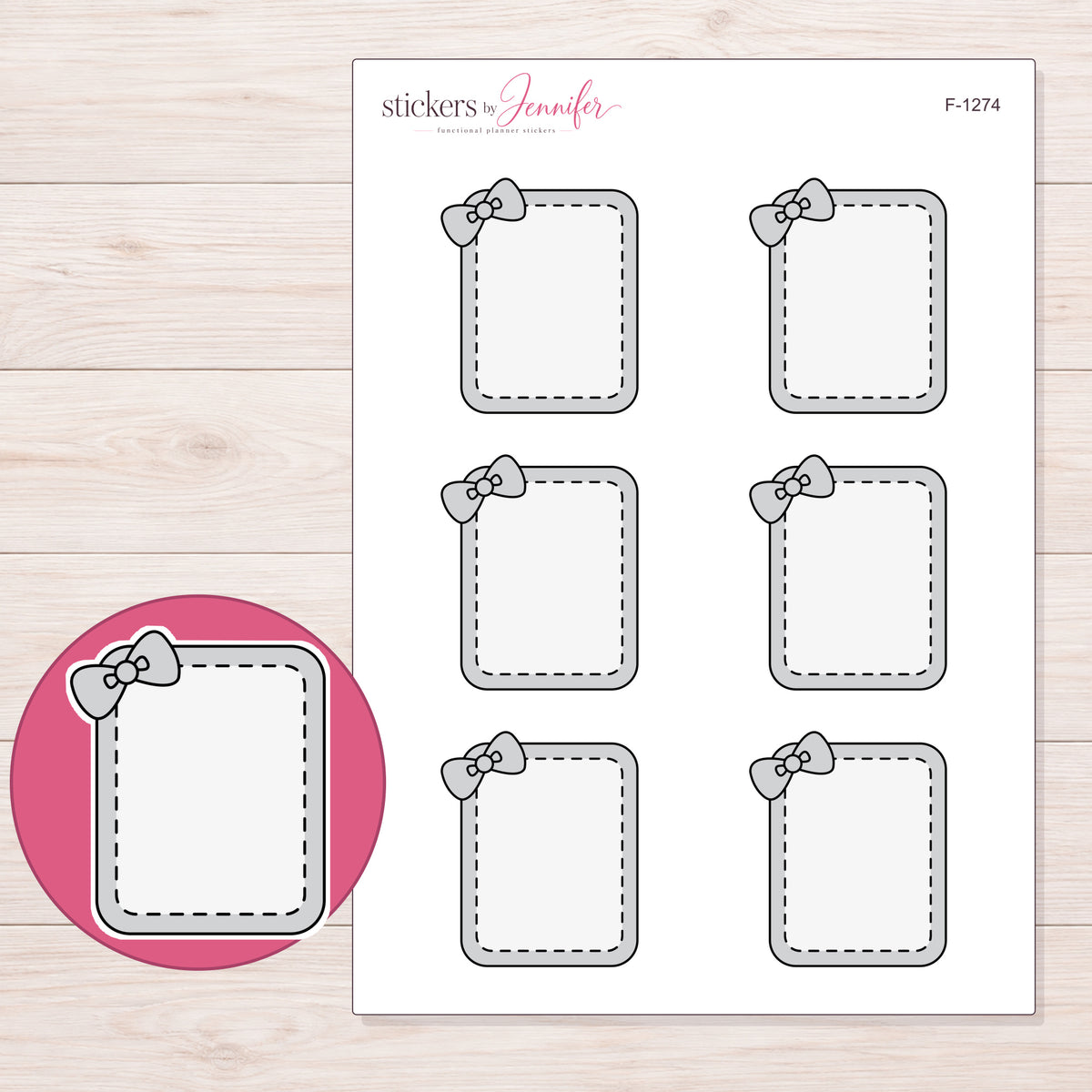 Gray Bow Full Box Planner Stickers | F-1274 — 5 × 7 inch sheet and enlarged sticker detail