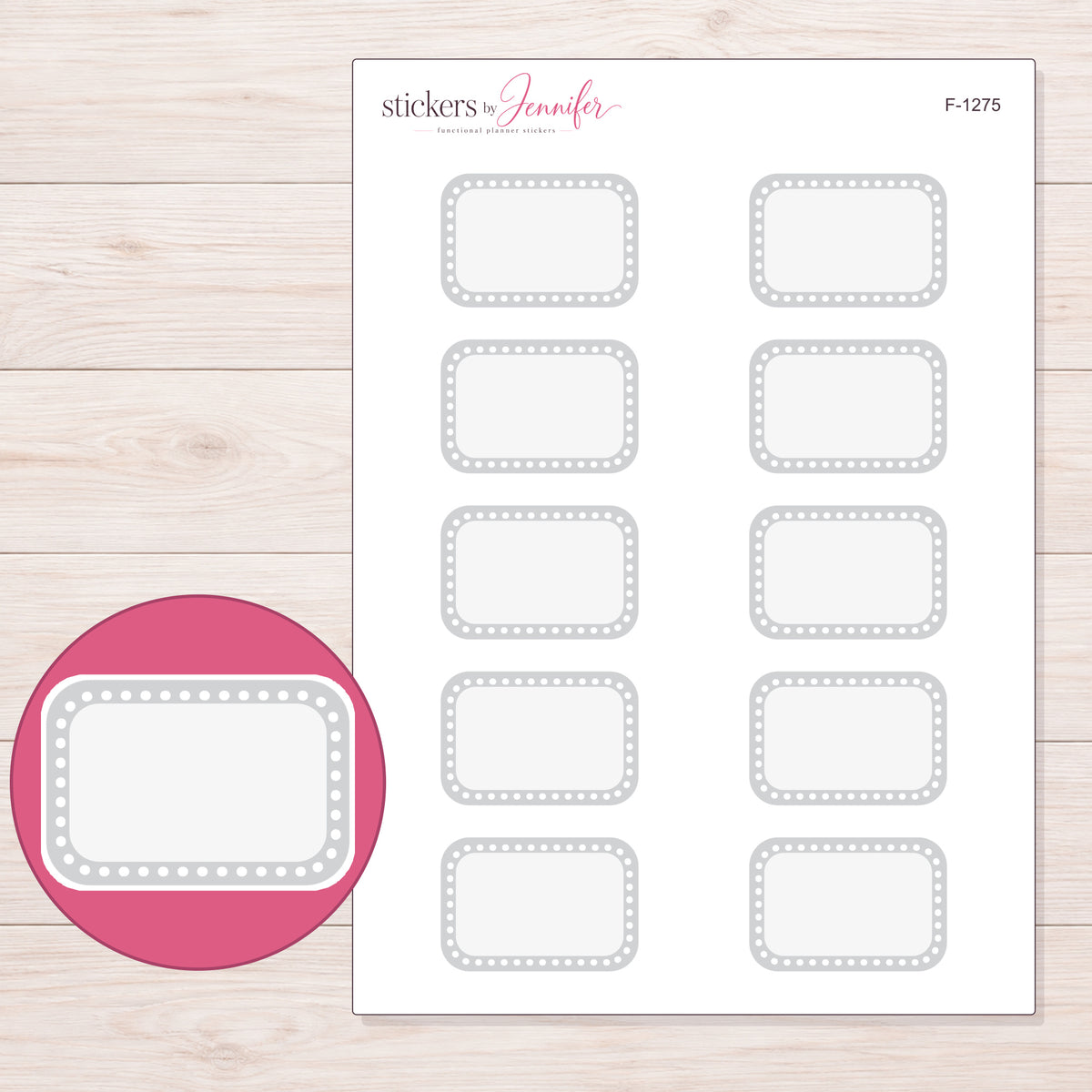 Gray Dotted Border Half Box Planner Stickers | F-1275 — 5 × 7 inch sheet and enlarged sticker detail