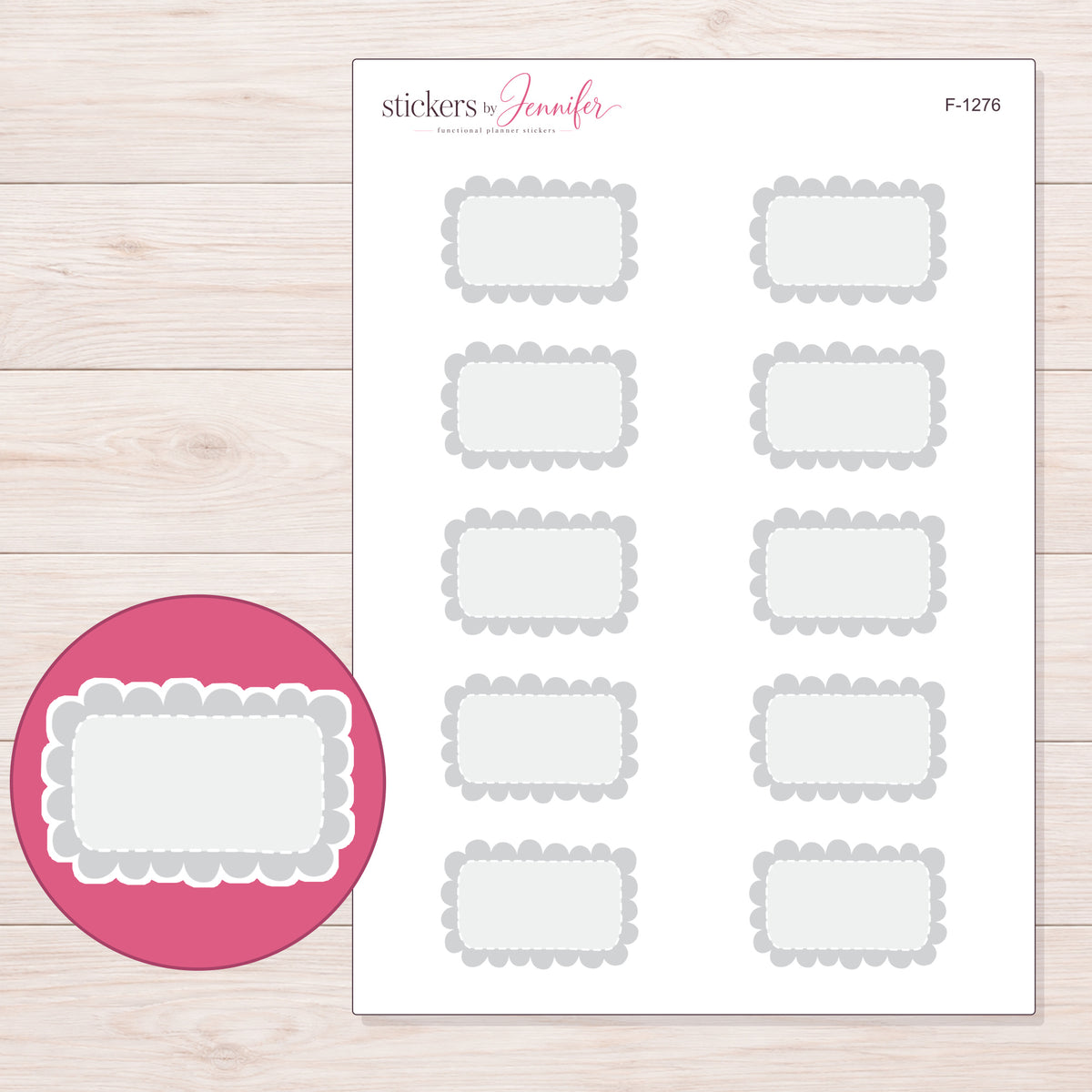 Gray Scalloped Half Box Label Planner Stickers | F-1276 — 5 × 7 inch sheet and enlarged sticker detail