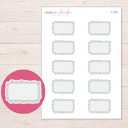 Gray Scalloped Half Box Label Planner Stickers | F-1276 — 5 × 7 inch sheet and enlarged sticker detail