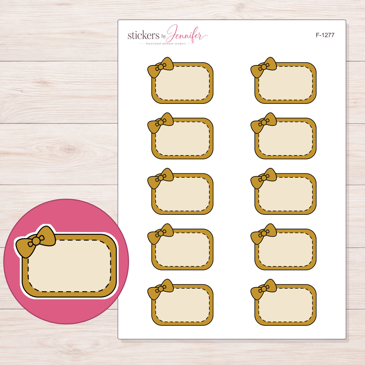 Mustard Yellow Corner Bow Half Box Planner Stickers | F-1277 — 5 × 7 inch sheet and enlarged sticker detail
