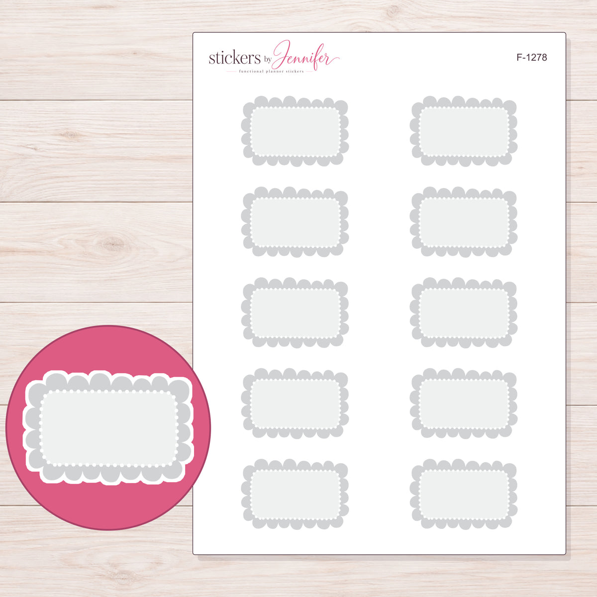 Gray Scallop and Dot Half Box Planner Stickers | F-1278 — 5 × 7 inch sheet and enlarged sticker detail