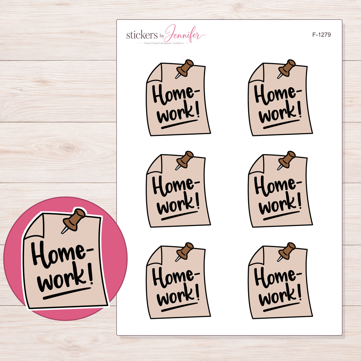 Tan Homework Reminder Note Planner Stickers | F-1279 — 5 × 7 inch sheet and enlarged sticker detail