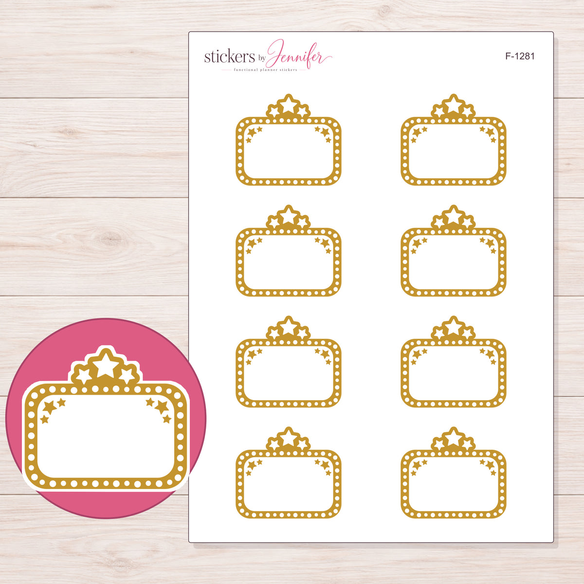 Mustard Yellow Star Movie Marquee Planner Stickers | F-1281 — 5 × 7 inch sheet and enlarged sticker detail