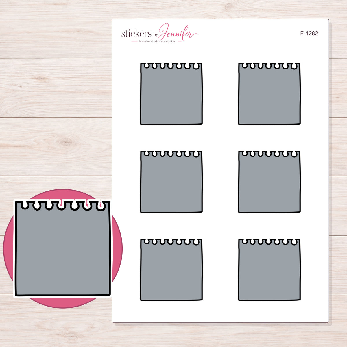 Gray Spiral Notepad Planner Stickers | F-1282 — 5 × 7 inch sheet and enlarged sticker detail