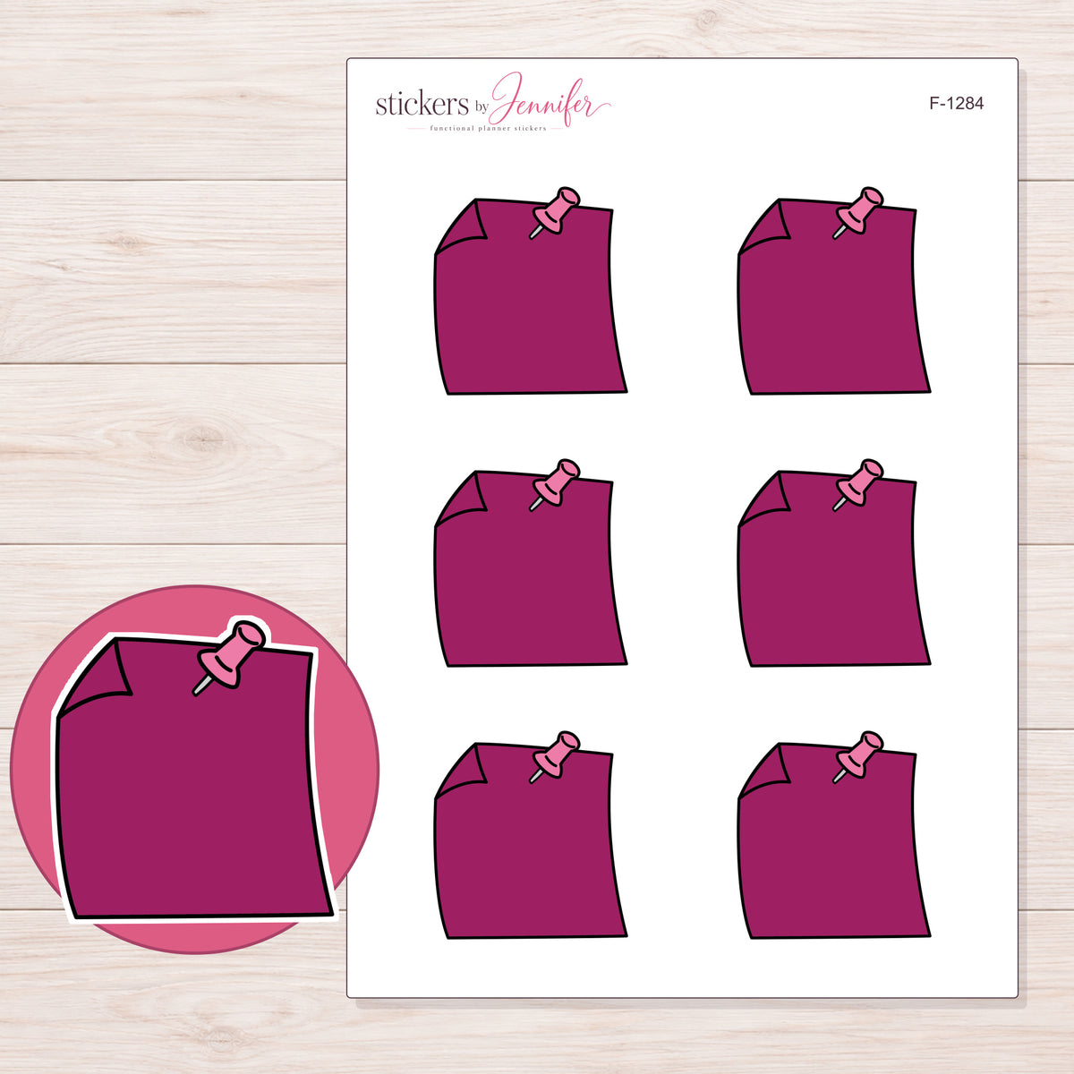 Berry Pinned Note Planner Stickers | F-1284 — 5 × 7 inch sheet and enlarged sticker detail