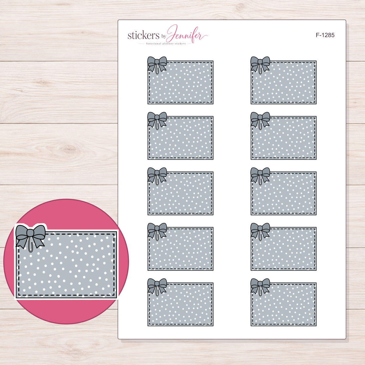 Gray Polka Dot Bow Half Box Planner Stickers | F-1285 — 5 × 7 inch sheet and enlarged sticker detail