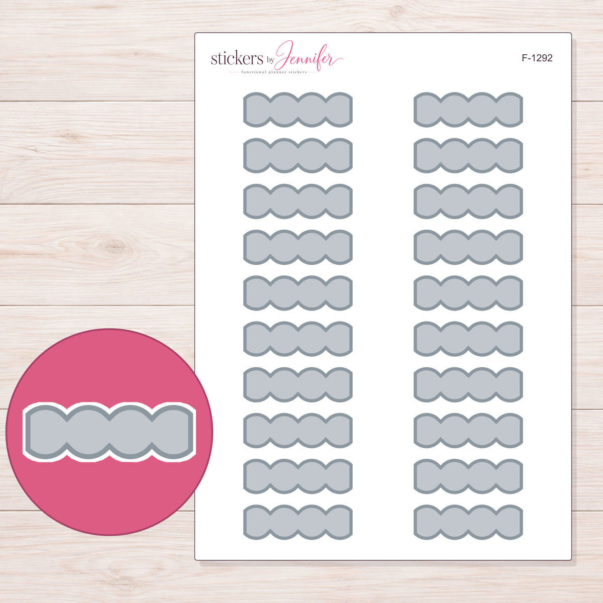 Gray Wavy Quarter Box Planner Stickers | F-1292 — 5 × 7 inch sheet and enlarged sticker detail