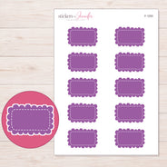 Purple Scalloped Rectangle Label Planner Stickers | F-1293 — 5 × 7 inch sheet and enlarged sticker detail