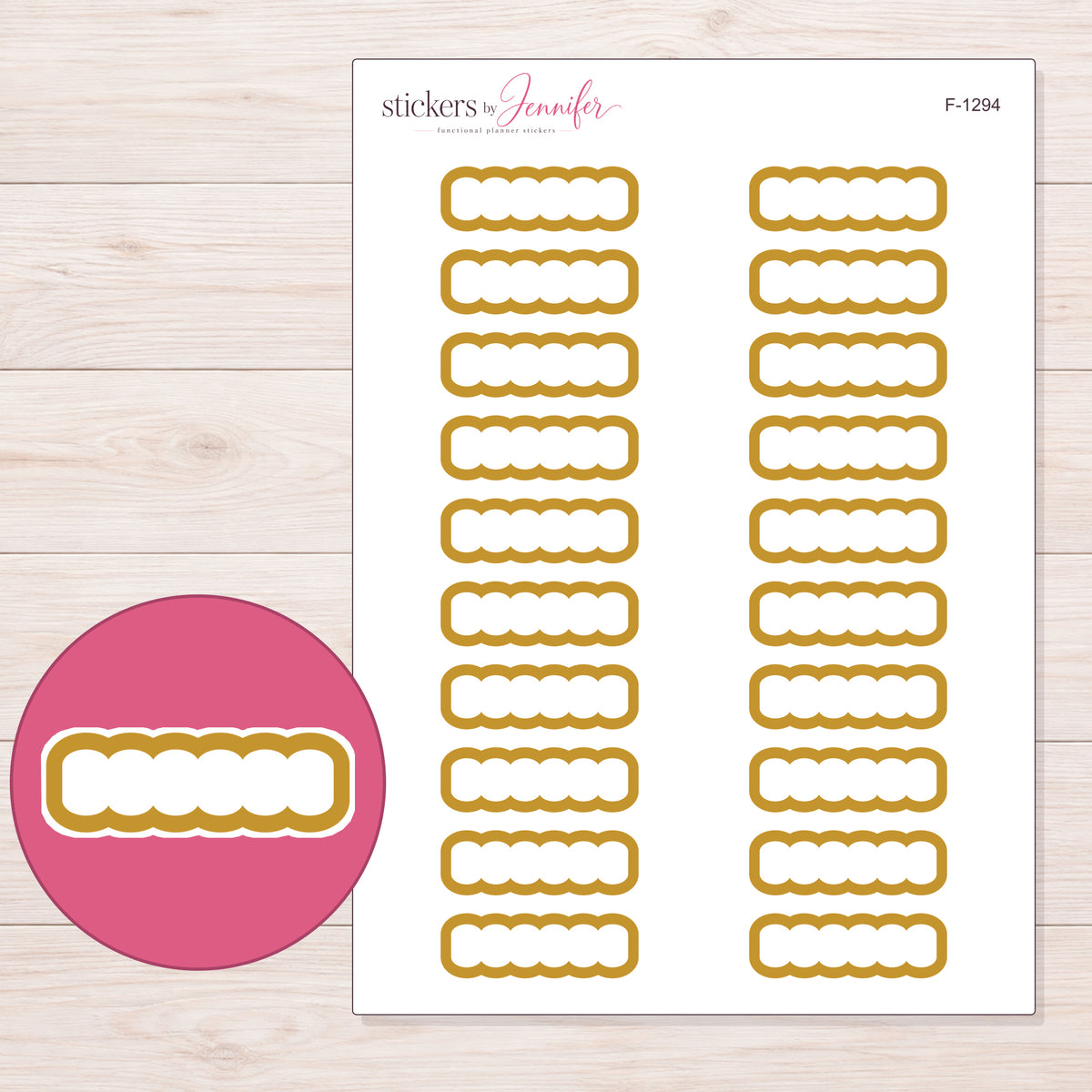 Mustard Yellow Outline Scallop Quarter Box Planner Stickers | F-1294 — 5 × 7 inch sheet and enlarged sticker detail