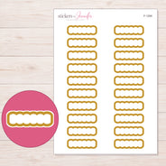 Mustard Yellow Outline Scallop Quarter Box Planner Stickers | F-1294 — 5 × 7 inch sheet and enlarged sticker detail