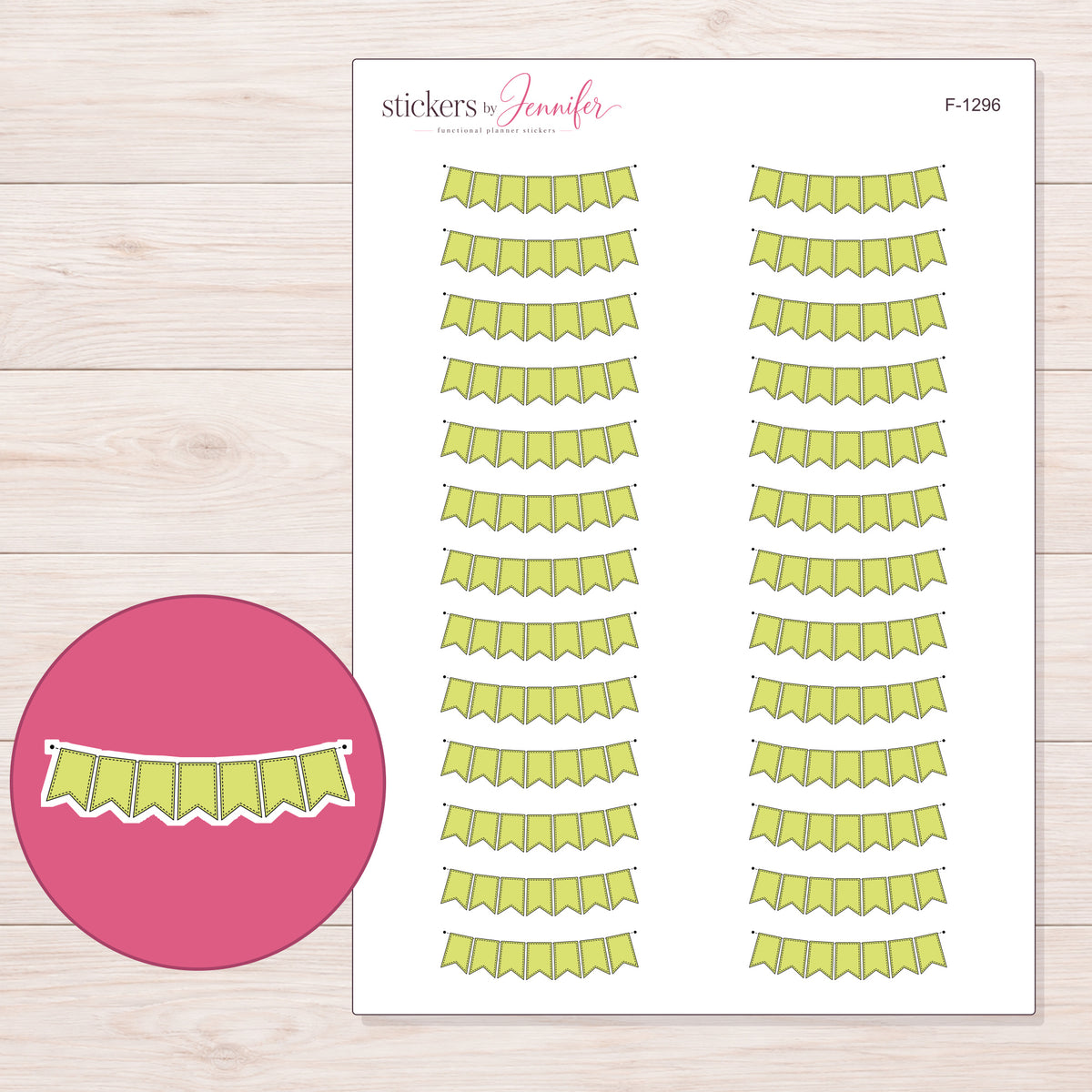Pale Yellow Stitched Pennant Bunting Planner Stickers | F-1296 — 5 × 7 inch sheet and enlarged sticker detail