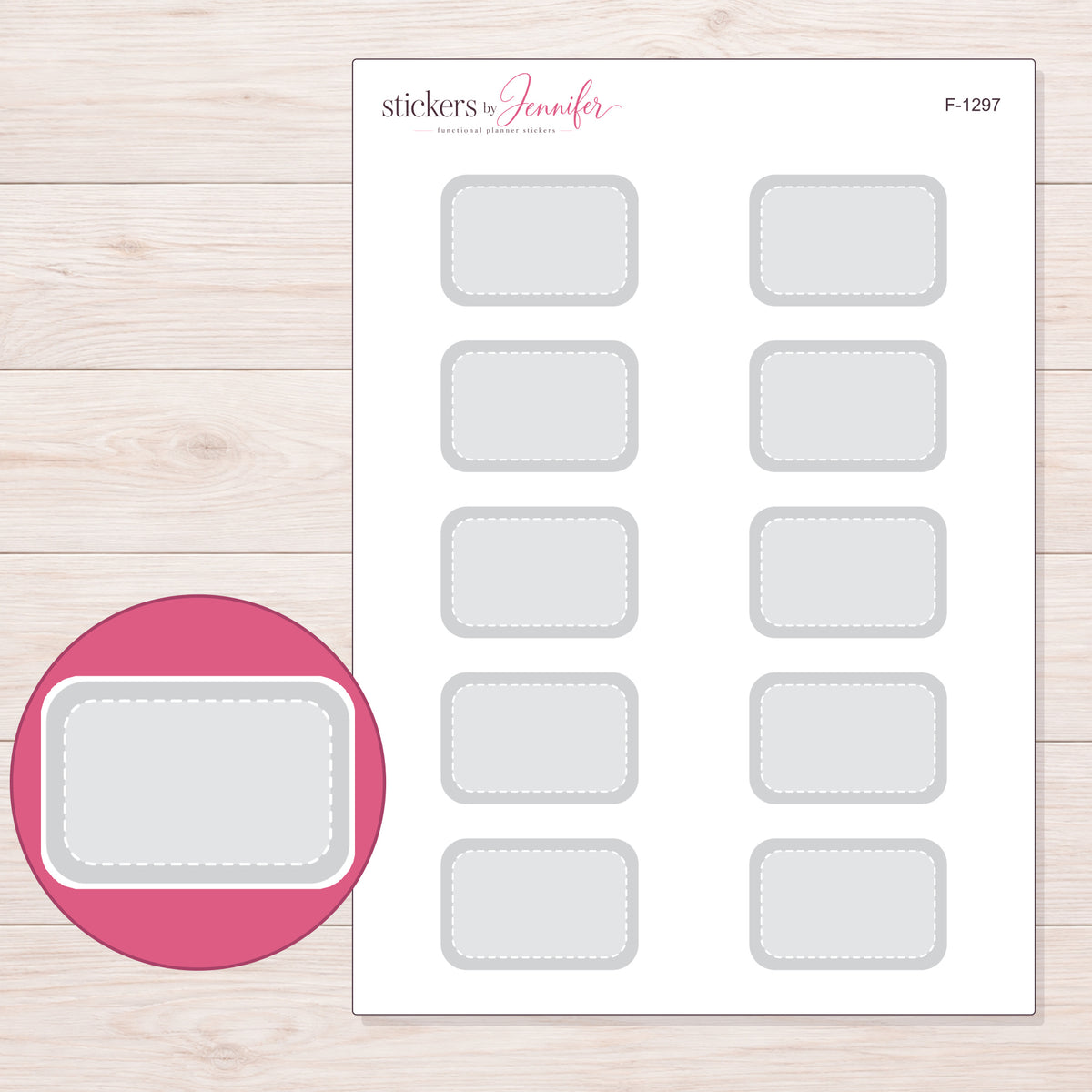 Gray Rounded Stitched Half Box Planner Stickers | F-1297 — 5 × 7 inch sheet and enlarged sticker detail