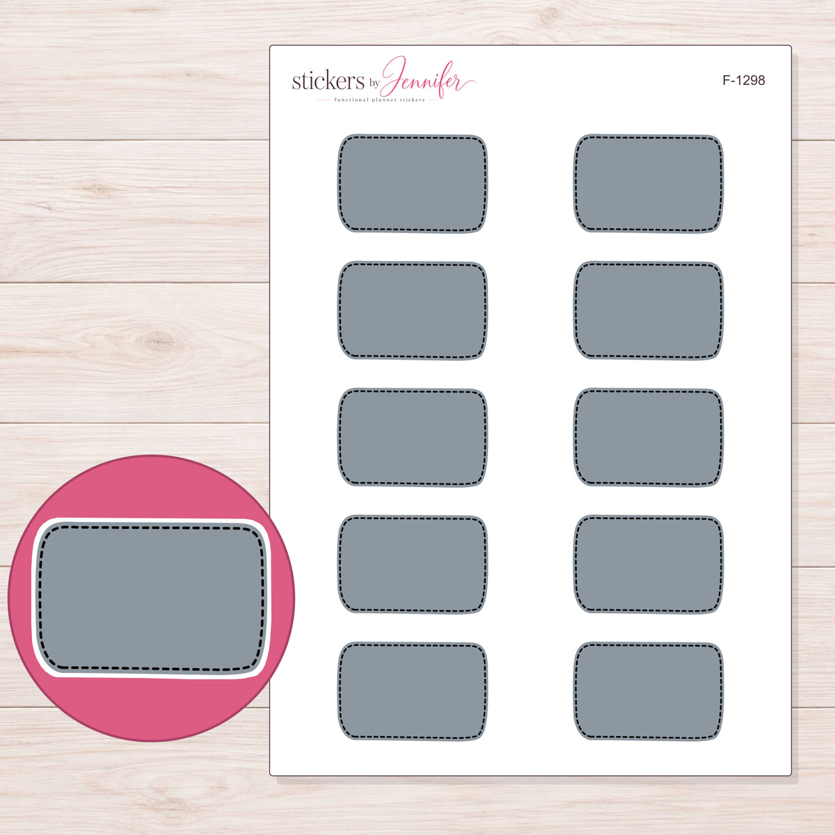Slate Gray Dark-Stitch Half Box Planner Stickers | F-1298 — 5 × 7 inch sheet and enlarged sticker detail