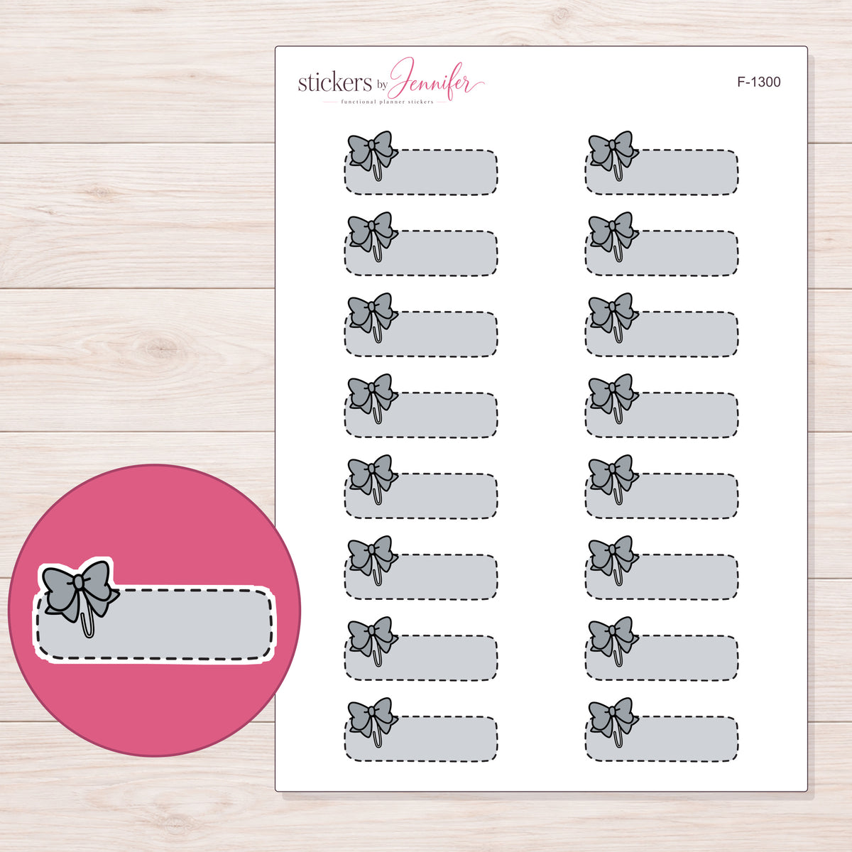 Gray Stitched Bow Quarter Box Planner Stickers | F-1300 — 5 × 7 inch sheet and enlarged sticker detail