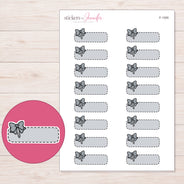 Gray Stitched Bow Quarter Box Planner Stickers | F-1300 — 5 × 7 inch sheet and enlarged sticker detail