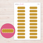 Mustard Yellow Stitched Scallop Label Planner Stickers | F-1302 — 5 × 7 inch sheet and enlarged sticker detail