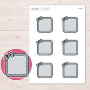 Gray Stitched Square Bow Label Planner Stickers | F-1303 — 5 × 7 inch sheet and enlarged sticker detail