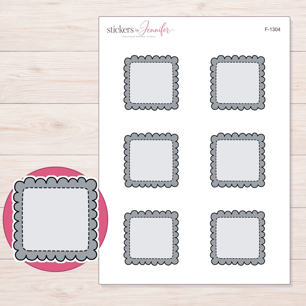 Gray Scalloped Stitched Square Planner Stickers | F-1304 — 5 × 7 inch sheet and enlarged sticker detail