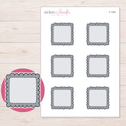 Gray Scalloped Stitched Square Planner Stickers | F-1304 — 5 × 7 inch sheet and enlarged sticker detail