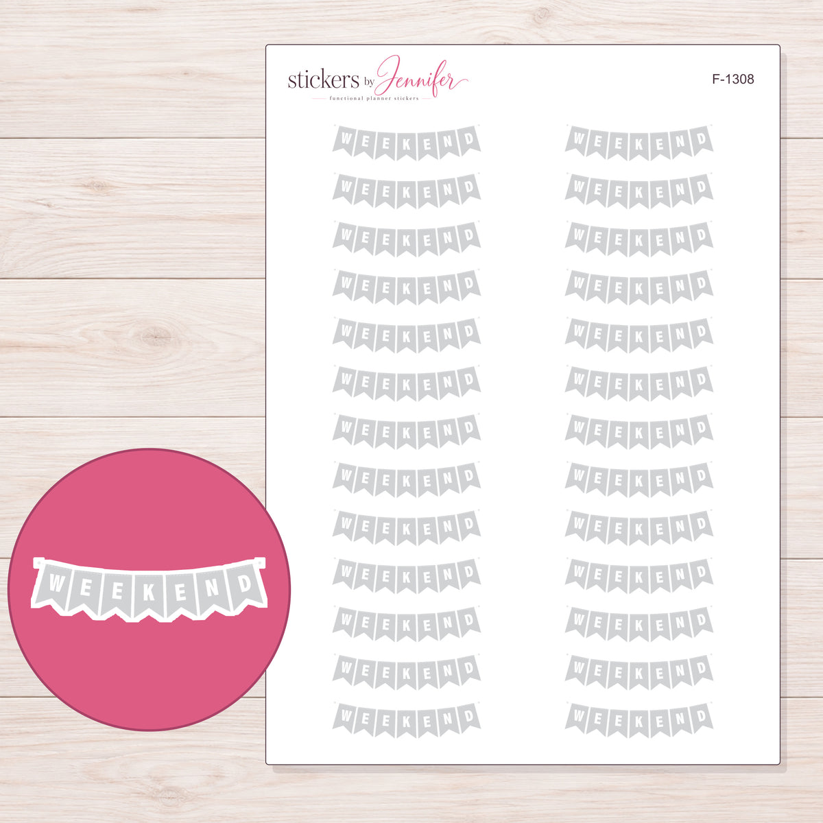 Gray Weekend Pennant Banner Planner Stickers | F-1308 — 5 × 7 inch sheet and enlarged sticker detail