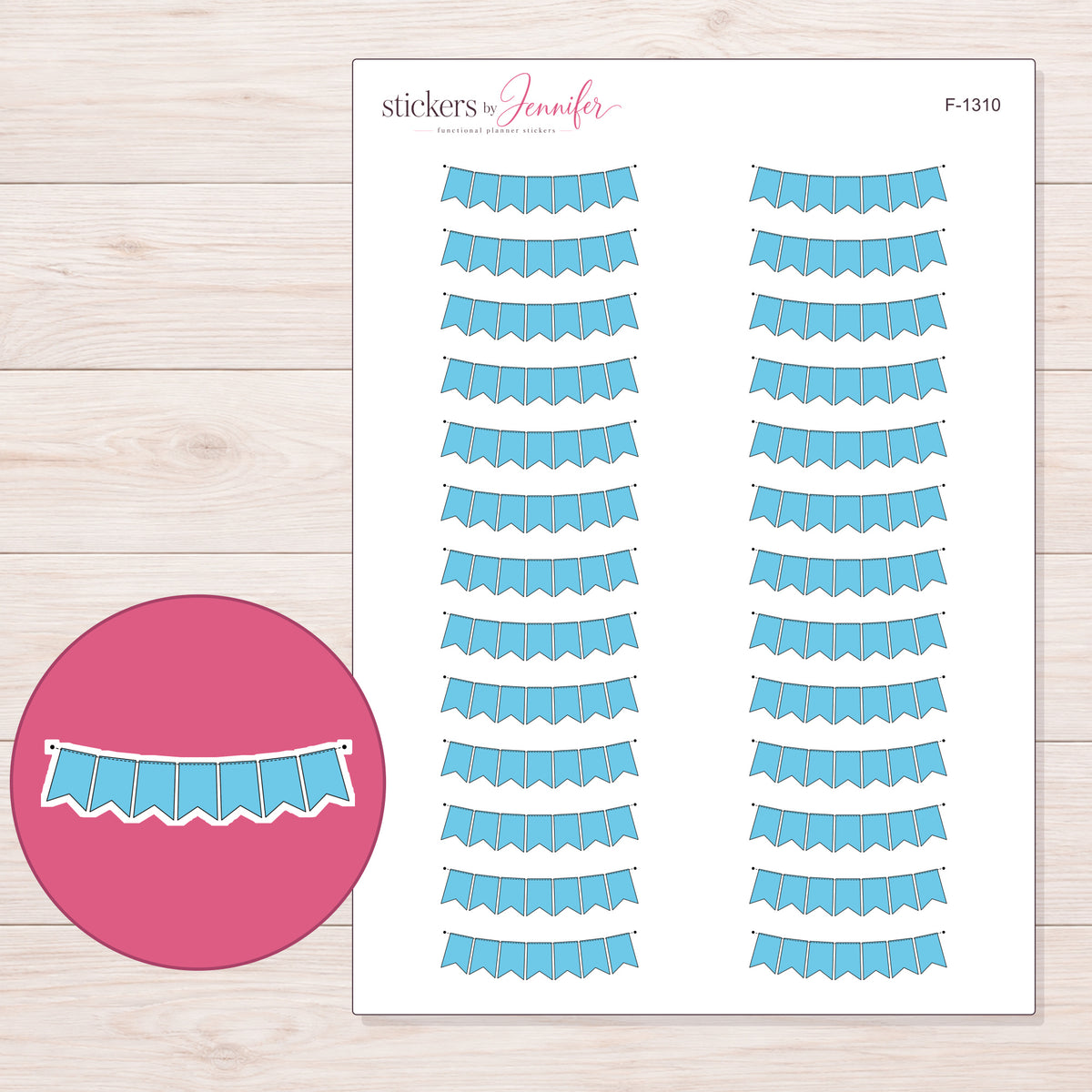 Sky Blue Pennant Bunting Planner Stickers | F-1310 — 5 × 7 inch sheet and enlarged sticker detail