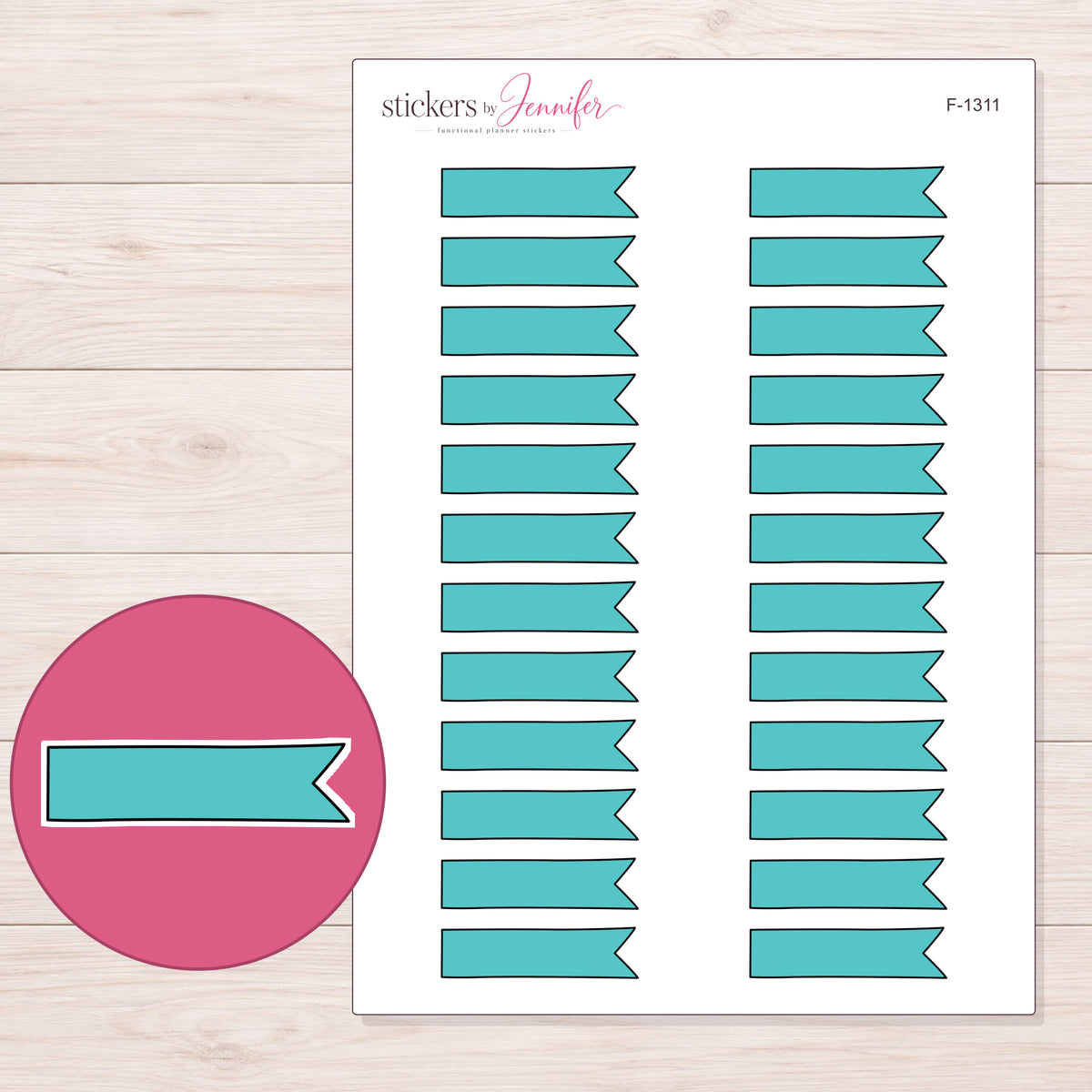Teal Single-Notch Banner Label Planner Stickers | F-1311 — 5 × 7 inch sheet and enlarged sticker detail