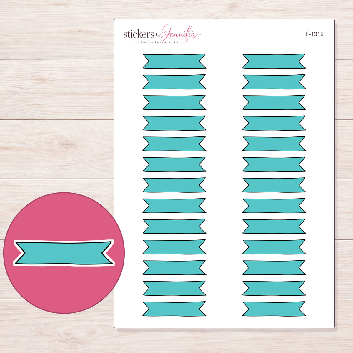 Teal Double-Notch Banner Label Planner Stickers | F-1312 — 5 × 7 inch sheet and enlarged sticker detail