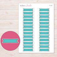 Teal Double-Notch Banner Label Planner Stickers | F-1312 — 5 × 7 inch sheet and enlarged sticker detail