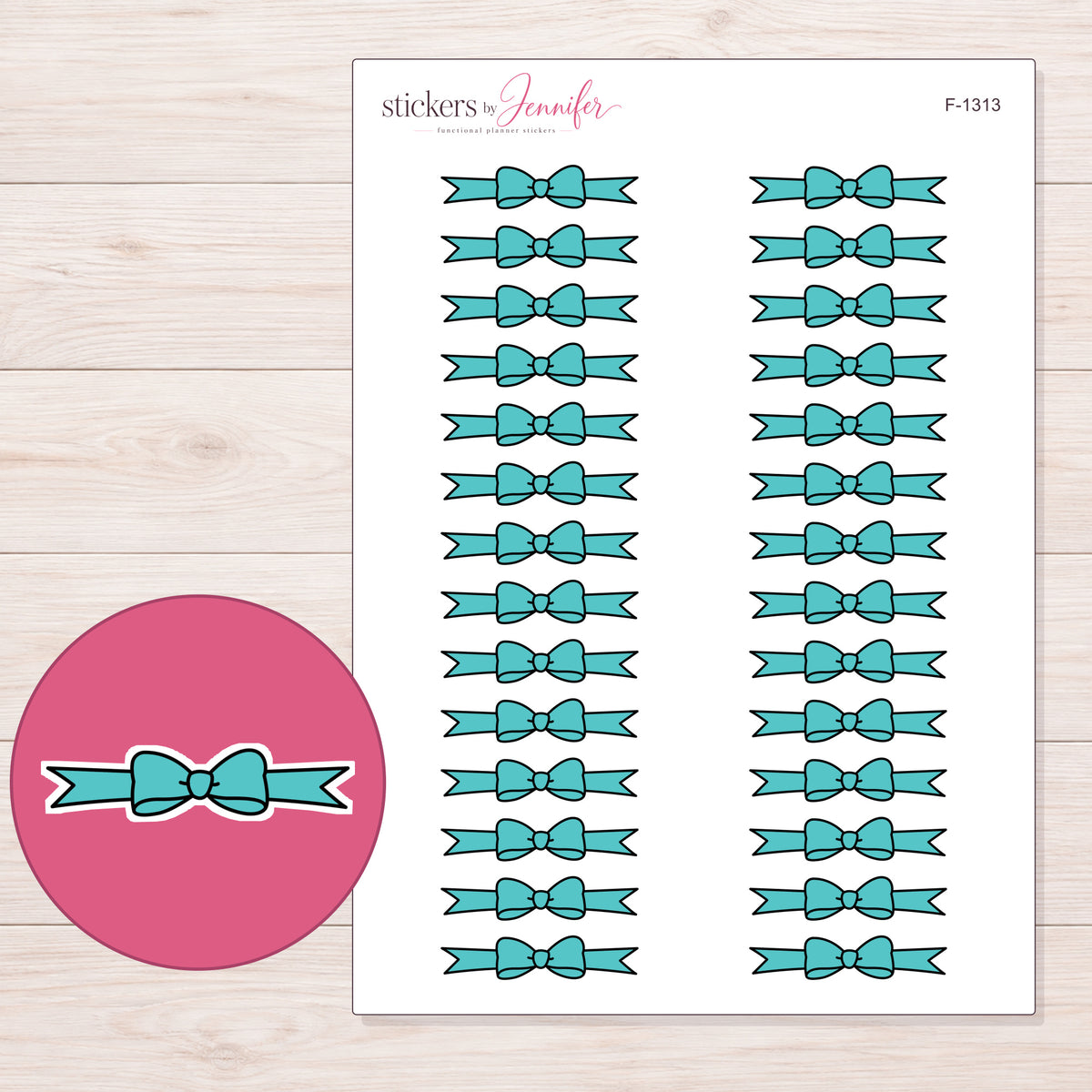 Teal Bow Ribbon Divider Planner Stickers | F-1313 — 5 × 7 inch sheet and enlarged sticker detail
