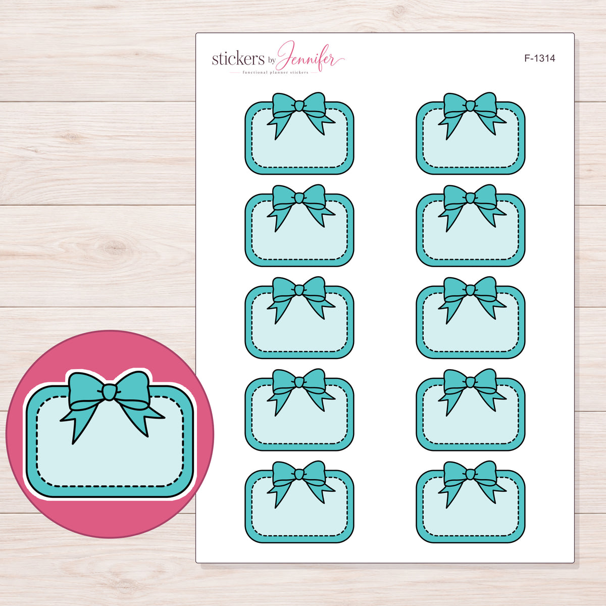 Teal Bow Half Box Label Planner Stickers | F-1314 — 5 × 7 inch sheet and enlarged sticker detail