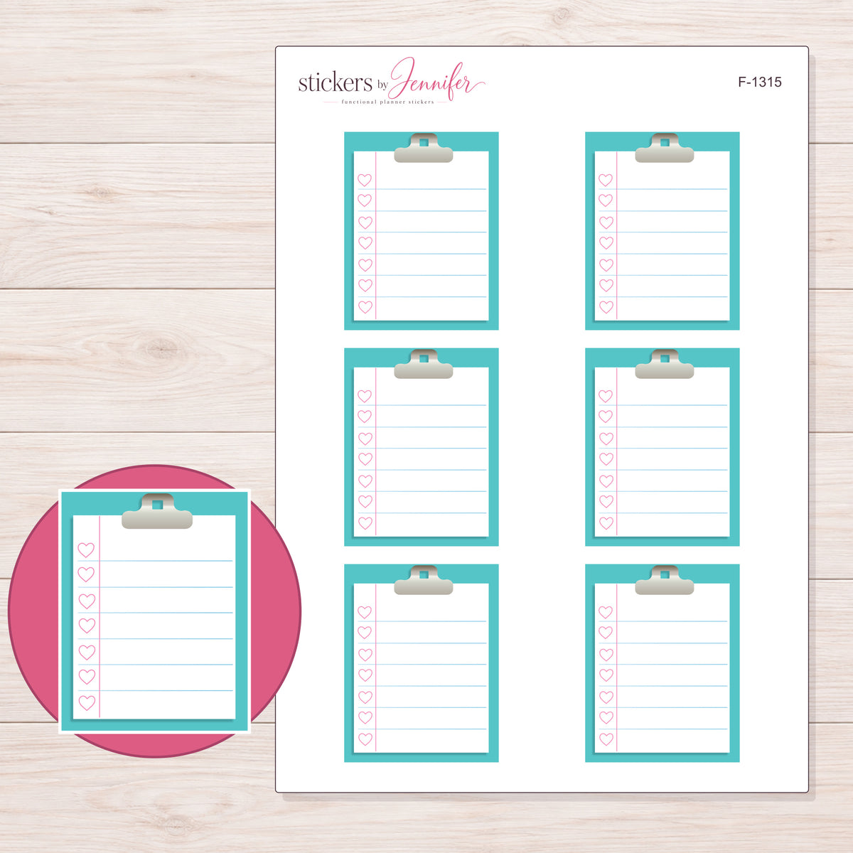 Teal Clipboard Checklist Planner Stickers | F-1315 — 5 × 7 inch sheet and enlarged sticker detail