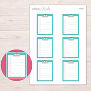 Teal Clipboard Checklist Planner Stickers | F-1315 — 5 × 7 inch sheet and enlarged sticker detail