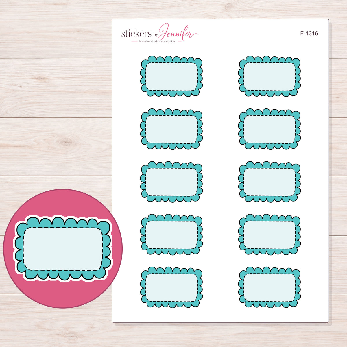 Teal Doodle Scallop Half Box Planner Stickers | F-1316 — 5 × 7 inch sheet and enlarged sticker detail